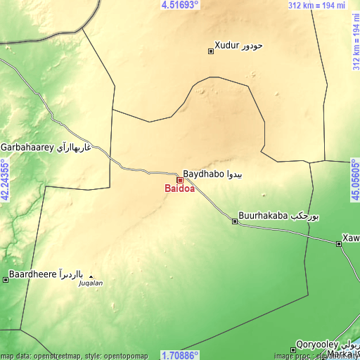 Topographic map of Baidoa
