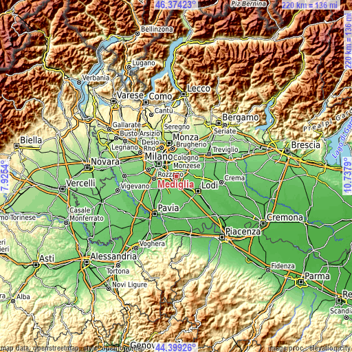 Topographic map of Mediglia