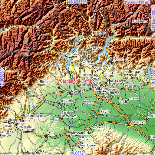 Topographic map of Cardano al Campo