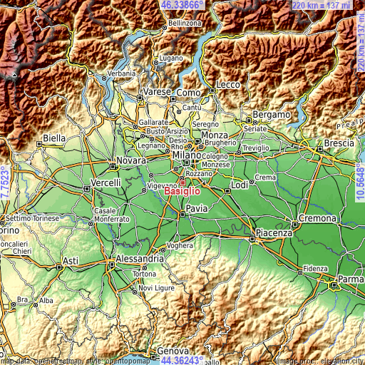 Topographic map of Basiglio