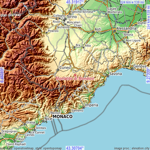 Topographic map of Montaldo di Mondovì