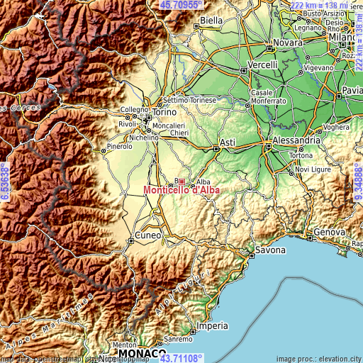 Topographic map of Monticello d'Alba