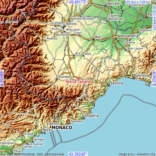 Topographic map of Niella Tanaro