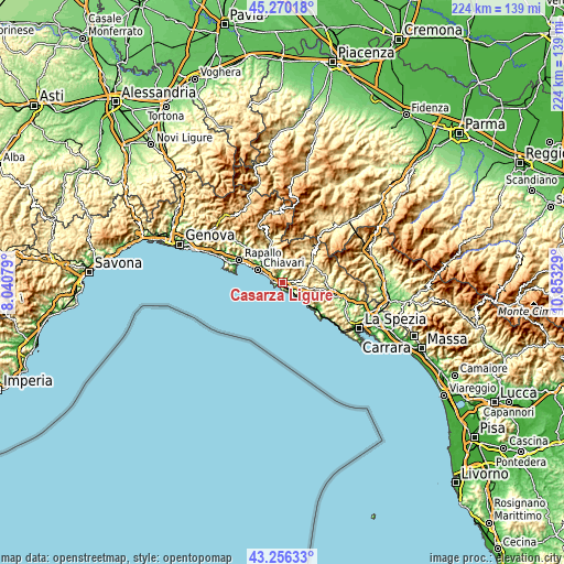 Topographic map of Casarza Ligure