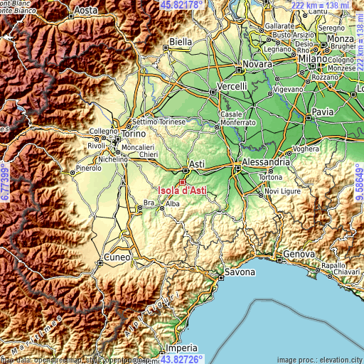 Topographic map of Isola d'Asti