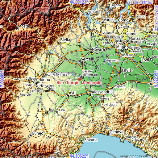 Topographic map of San Giorgio Monferrato