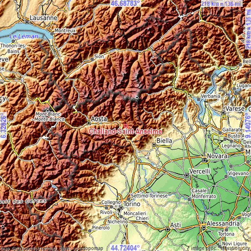 Topographic map of Challand-Saint-Anselme