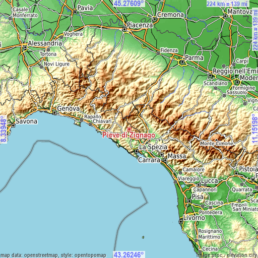 Topographic map of Pieve di Zignago