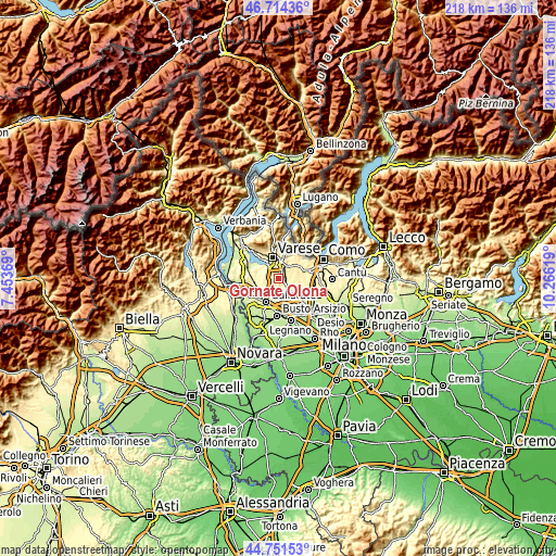 Topographic map of Gornate Olona