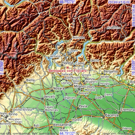 Topographic map of Beregazzo con Figliaro