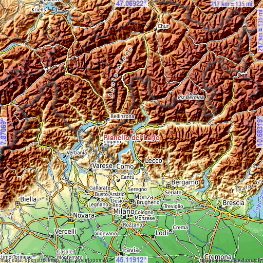 Topographic map of Pianello del Lario