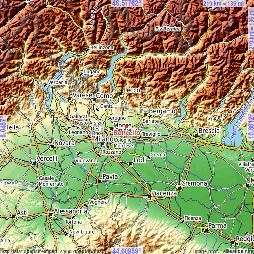 Topographic map of Roncello