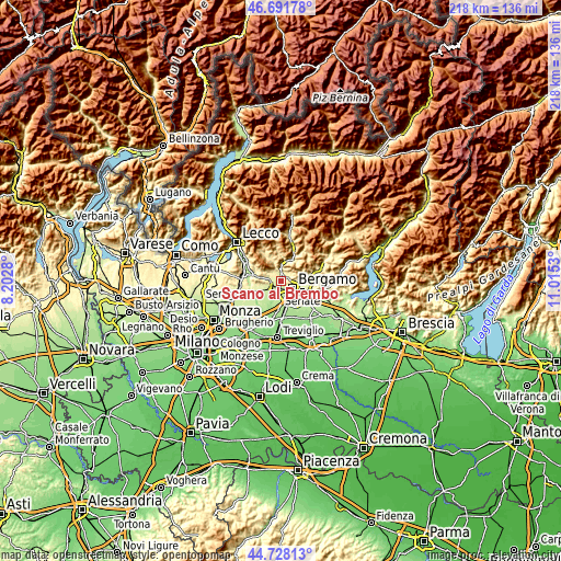 Topographic map of Scano al Brembo
