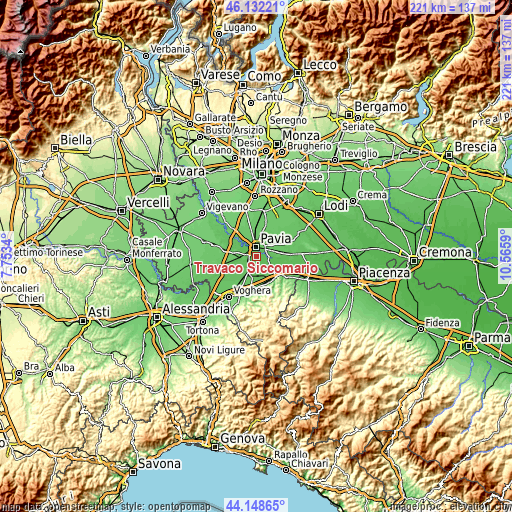 Topographic map of Travacò Siccomario
