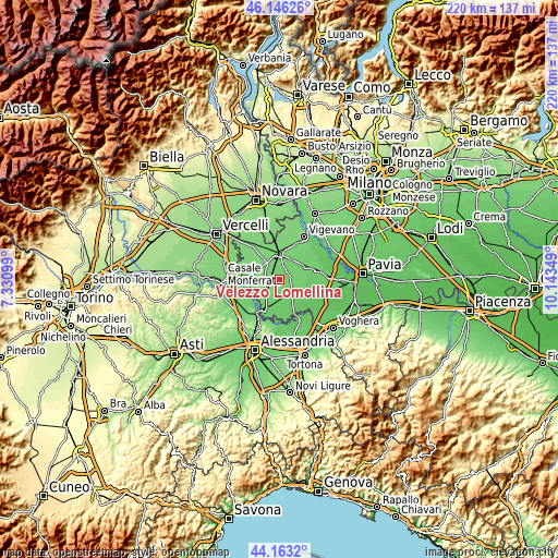 Topographic map of Velezzo Lomellina