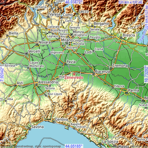 Topographic map of Zenevredo