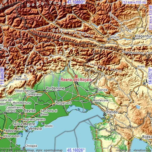 Topographic map of Reana del Rojale