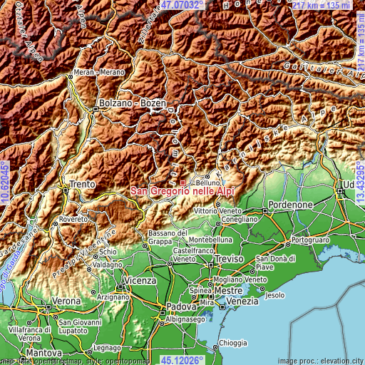 Topographic map of San Gregorio nelle Alpi