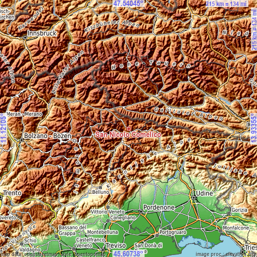 Topographic map of San Nicolò Comelico