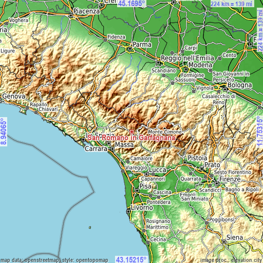 Topographic map of San Romano in Garfagnana