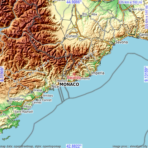 Topographic map of Bajardo