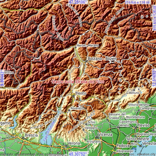 Topographic map of Magrè sulla Strada del Vino