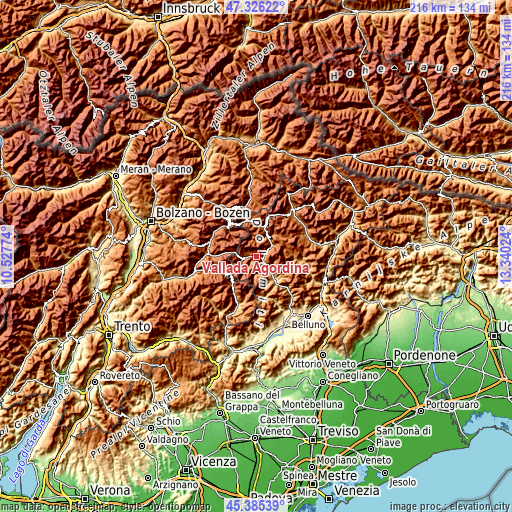 Topographic map of Vallada Agordina