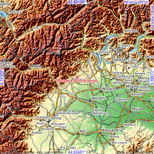 Topographic map of Mezzana Mortigliengo