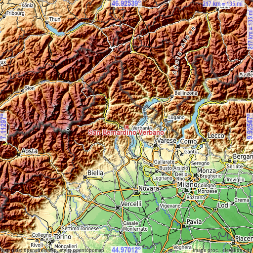 Topographic map of San Bernardino Verbano