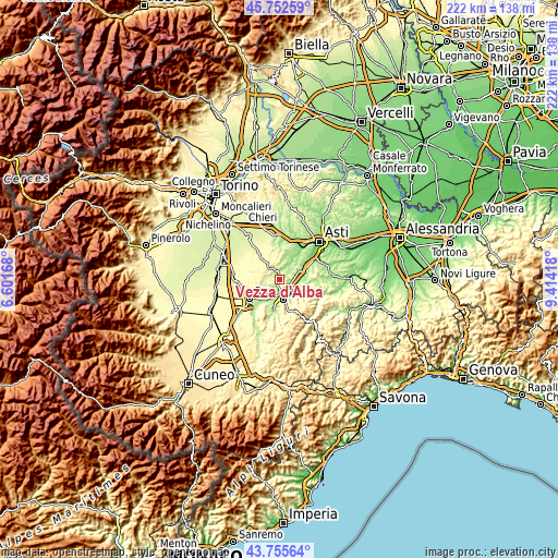 Topographic map of Vezza d'Alba