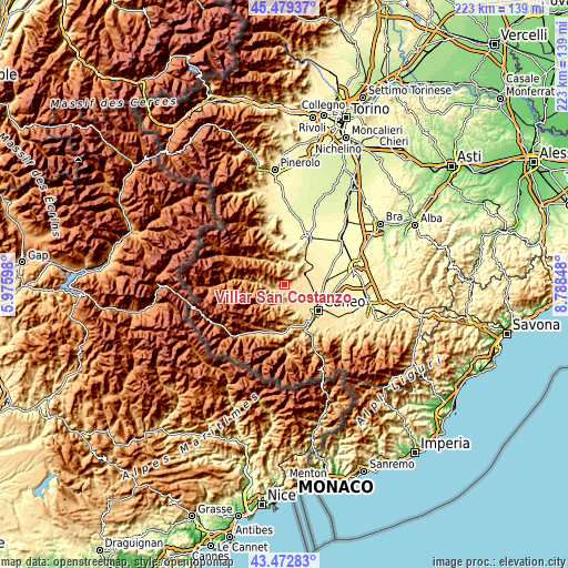 Topographic map of Villar San Costanzo