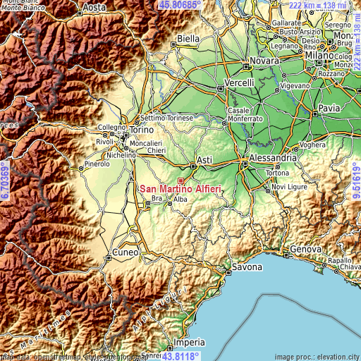 Topographic map of San Martino Alfieri