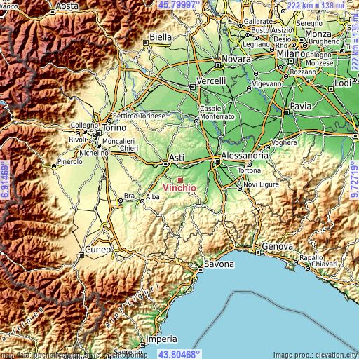 Topographic map of Vinchio