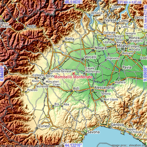 Topographic map of Mombello Monferrato