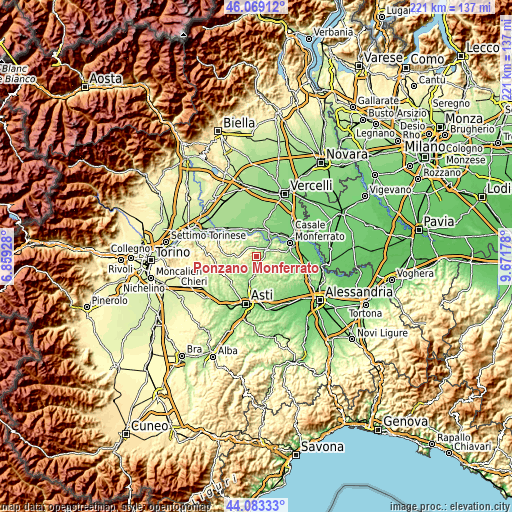 Topographic map of Ponzano Monferrato