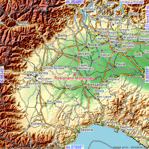 Topographic map of Rosignano Monferrato