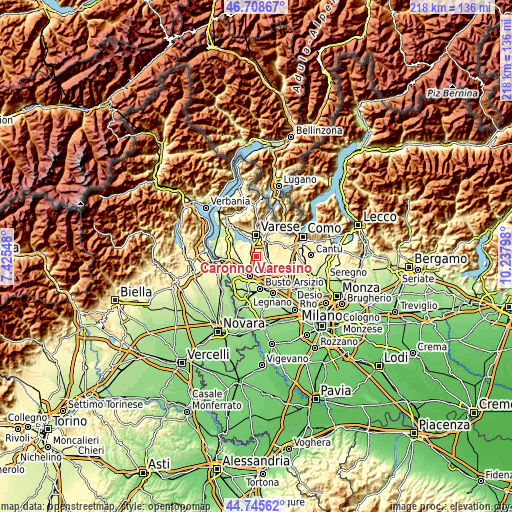 Topographic map of Caronno Varesino