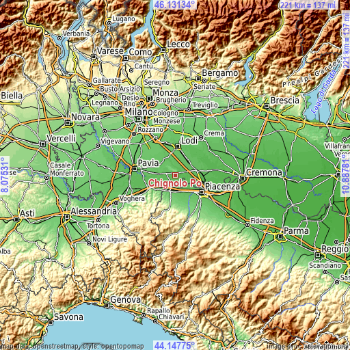 Topographic map of Chignolo Po