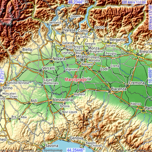 Topographic map of Marcignago