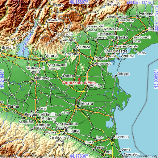 Topographic map of Vighizzolo d'Este