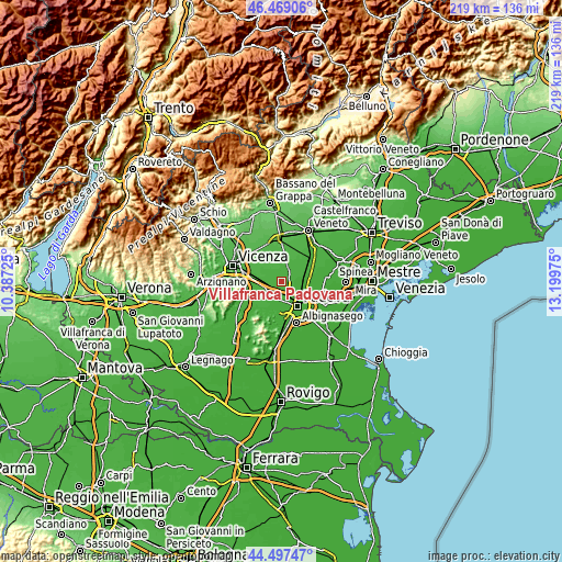 Topographic map of Villafranca Padovana