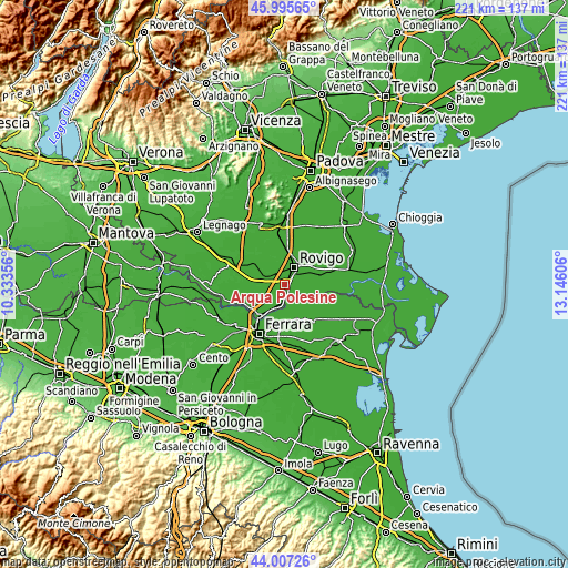 Topographic map of Arquà Polesine