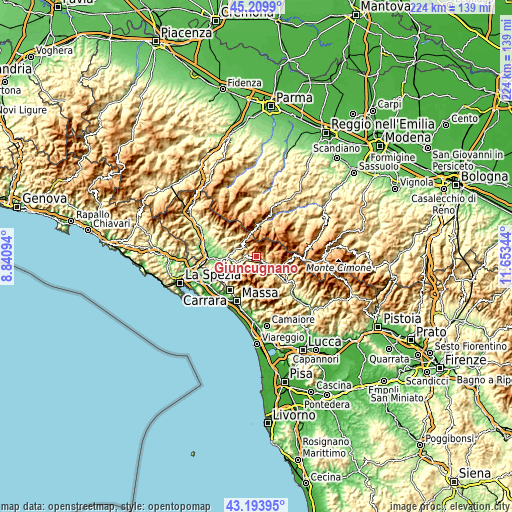 Topographic map of Giuncugnano