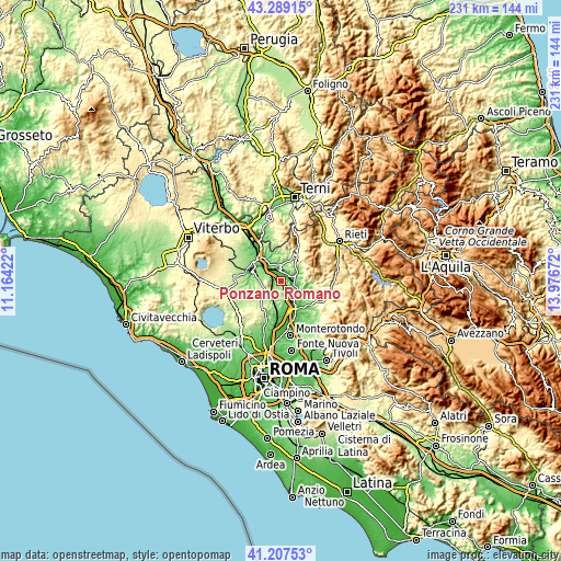 Topographic map of Ponzano Romano