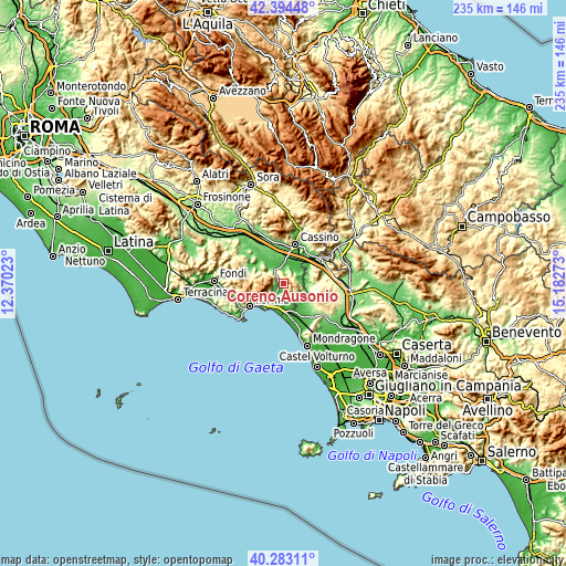 Topographic map of Coreno Ausonio