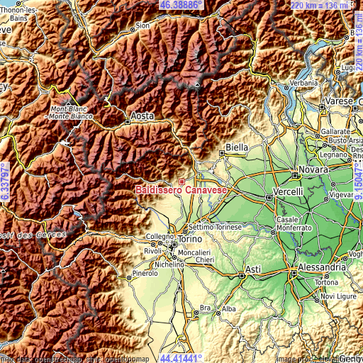 Topographic map of Baldissero Canavese