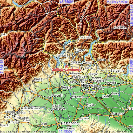 Topographic map of Galliate Lombardo