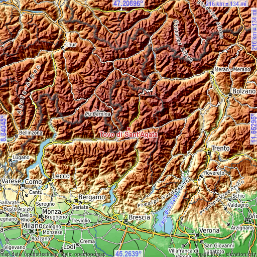 Topographic map of Tovo di Sant'Agata