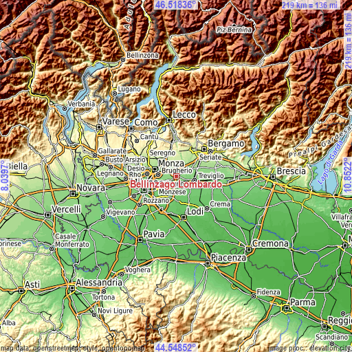 Topographic map of Bellinzago Lombardo