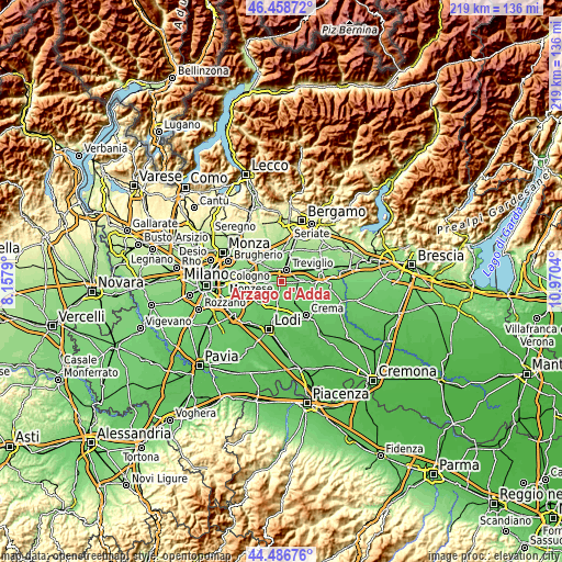 Topographic map of Arzago d'Adda